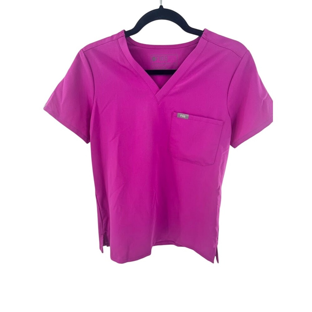 Figs Technical Collection V-Neck Scrub Top Magenta Pink Women XS Pocket